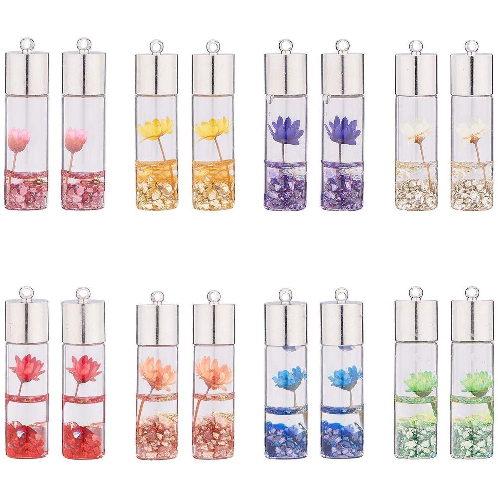 5111 1 Box 16Pcs 8 Colors Mini Wishing Bottle Charms Real Dry Flower Glass